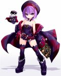  1girl bare_shoulders belt black_legwear blush book detached_sleeves fate/grand_order fate_(series) flat_chest full_body hat helena_blavatsky_(fate/grand_order) highres karukan_(monjya) looking_at_viewer purple_hair short_hair smile solo strapless thigh-highs tree_of_life violet_eyes 