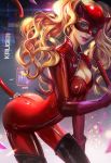  1girl blonde_hair blue_eyes bodysuit boots breasts catsuit cleavage cleavage_cutout domino_mask earrings eyelashes highres jewelry large_breasts latex latex_suit lips lipstick long_hair makeup mask persona persona_5 shiny shiny_clothes skin_tight solo stud_earrings takamaki_anne thigh-highs thigh_boots twintails whip yang_fan zipper 