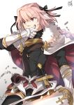  1boy black_bow blood bow braid cape fate/apocrypha fate/grand_order fate_(series) garter_straps gauntlets hair_ribbon highres lance male_focus nikame pink_hair polearm ribbon rider_of_black single_braid thigh-highs violet_eyes weapon 