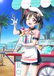  1girl apron artist_request bangs beret bird black_hair blue_sky blush bow day food gloves hair_bow hat holding ice_cream ice_cream_scoop looking_at_viewer love_live! love_live!_school_idol_festival love_live!_school_idol_project necktie ocean official_art one_eye_closed outdoors palm_tree red_eyes short_sleeves shorts sky solo star tree twintails uniform yazawa_nico 