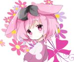  1girl animal_ears black_bow blush bow commentary_request eyebrows_visible_through_hair floral_background from_side hair_bow head_tilt looking_at_viewer looking_to_the_side original pink_eyes pink_hair pink_sweater rabbit_ears short_hair solo sweater tareme tsukiyo_(skymint) upper_body 
