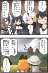  2koma 6+girls backpack bag black_hair bucket_hat comic emperor_penguin_(kemono_friends) from_behind gentoo_penguin_(kemono_friends) hat hat_feather humboldt_penguin_(kemono_friends) kaban_(kemono_friends) kemejiho kemono_friends multiple_girls penguins_performance_project_(kemono_friends) profile rockhopper_penguin_(kemono_friends) royal_penguin_(kemono_friends) serval_(kemono_friends) serval_print short_hair sweat translation_request 