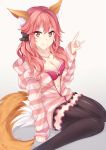  10s 1girl animal_ears black_legwear blush bra breasts chrisandita cleavage fate/extra fate_(series) fox_ears fox_shadow_puppet fox_tail highres jewelry large_breasts loli_hooker looking_at_viewer navel necklace open_clothes open_shirt pink_bra pink_hair shirt solo tail tamamo_(fate)_(all) tamamo_no_mae_(fate) thigh-highs underwear yellow_eyes 