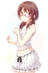  1girl alternate_costume bare_arms bare_shoulders bloomers blush breasts brown_eyes brown_hair closed_mouth cowboy_shot from_side glasses honotai long_hair looking_at_viewer looking_to_the_side low_twintails navel red-framed_eyewear semi-rimless_glasses small_breasts solo speech_bubble stomach tank_top touhou translation_request twintails under-rim_glasses underwear usami_sumireko 