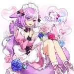  1girl :d absurdres animal_ears balloon bare_legs black_corset blue_flower blue_rose boots bow breasts corset dress flower footwear_bow footwear_ribbon frilled_dress frills headdress heart_balloon highres index_finger_raised juliet_sleeves kaigen_1025 large_breasts long_hair long_sleeves looking_at_viewer multicolored_hair open_mouth original outline pink_dress pink_flower pink_footwear pink_ribbon pink_rose puffy_sleeves purple_background purple_flower purple_hair purple_rose ribbon rose sitting smile solo split-color_hair thank_you two-tone_background two-tone_hair violet_eyes white_background white_flower white_hair white_outline white_rose 