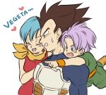  1girl 2girls :d annoyed armor black_eyes black_hair blue_eyes blue_hair bulma character_name closed_eyes dougi dragon_ball dragonball_z dress earrings eyebrows_visible_through_hair family father_and_son happy heart jewelry kerchief looking_away mother_and_son multiple_girls nervous open_mouth outstretched_hand pointing purple_hair red_dress short_hair simple_background smile spiky_hair sweatdrop tkgsize trunks_(dragon_ball) vegeta white_background wristband 