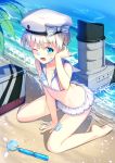  1girl arm_up bangs bare_legs beach beret between_legs bikini_skirt blue_eyes blush bow day eyebrows_visible_through_hair flat_chest food food_on_body food_on_face hand_between_legs hand_in_hair hat hat_bow highres kantai_collection kneeling legs looking_at_viewer ocean one_eye_closed open_mouth outdoors sailor_bikini sailor_collar short_hair silver_hair skirt soles solo thighs white_skirt yan_(nicknikg) z1_leberecht_maass_(kantai_collection) 