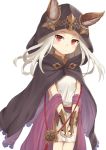  10s 1girl animal_ears clenched_hands cloak closed_mouth dress granblue_fantasy head_tilt heijialan hood hooded_cloak long_hair red_eyes simple_background skasaha_(granblue_fantasy) smile solo standing v_arms white_background white_dress white_hair 