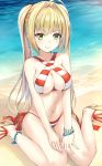  1girl beach bikini blonde_hair blush bracelet breasts closed_mouth earrings eyebrows_visible_through_hair fate/grand_order fate_(series) highres jewelry long_hair looking_at_viewer medium_breasts navel nero_claudius_(swimsuit_caster)_(fate) pdxen saber_extra sand sandals sitting smile solo striped striped_bikini swimsuit twintails wariza 