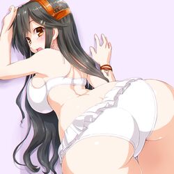  1girl against_wall ass bent_over bikini black_hair breasts brown_eyes cowboy_shot dd_(ijigendd) eyebrows_visible_through_hair from_behind hair_ornament hairband hairclip haruna_(kantai_collection) kantai_collection large_breasts long_hair looking_at_viewer looking_back sideboob simple_background solo strap_gap swimsuit thigh_gap white_bikini wristband 