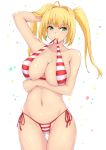  1girl arm_up bangs bikini blonde_hair blush breasts cleavage closed_mouth cowboy_shot eyebrows_visible_through_hair fate/grand_order fate_(series) green_eyes hair_between_eyes hair_intakes highres ixmmxi large_breasts long_hair looking_at_viewer mouth_hold navel nero_claudius_(swimsuit_caster)_(fate) red_bikini side-tie_bikini sidelocks simple_background smile solo striped striped_bikini swimsuit thighs twintails white_background white_bikini 
