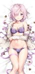  1girl anmi bangs bare_legs bare_shoulders barefoot bed_sheet blush bow bow_bra bra breasts chocolate chocolate_heart cleavage dakimakura eyebrows_visible_through_hair fate/grand_order fate_(series) frilled_bra frills from_above hair_over_one_eye heart lavender_hair looking_at_viewer lying medium_breasts multi-strapped_panties navel on_back open_clothes open_mouth panties plaid plaid_bra plaid_panties purple_bra purple_panties ribbon sample shielder_(fate/grand_order) short_hair smile solo underwear violet_eyes 