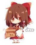  &gt;:( ... 1girl ascot beckoning blouse blush_stickers bow box brown_hair chibi detached_sleeves donation_box hair_bow hair_tubes hakurei_reimu hands_in_sleeves large_bow long_hair looking_at_viewer mina_(sio0616) red_eyes shaking skirt skirt_set solo touhou translated wide_sleeves yellow_ascot 