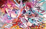  2girls ass breasts cleavage flat_chest halo highres jibril_(no_game_no_life) kamiya_yuu looking_at_viewer mecha_musume mechanical_parts mechanical_wings multicolored multicolored_hair multiple_girls navel no_game_no_life open_mouth photoshop pink_hair shuvi_(no_game_no_life) watermark wings yellow_eyes 