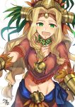  1girl :d artist_name blonde_hair circlet fang fate/grand_order fate_(series) green_eyes half-closed_eyes headdress highres long_hair looking_at_viewer nikame open_mouth quetzalcoatl_(fate/grand_order) signature smile solo upper_body wavy_hair 