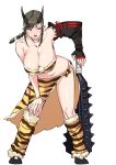  1girl :d animal_ears bandeau bangs bare_shoulders black_eyes black_hair blush bracelet braid breasts cleavage club collarbone full_body hanging_breasts holding holding_weapon jewelry kanabou large_breasts leaning_forward looking_away navel nemu_(nora) oni oni_horns open_mouth original sarong sidelocks single_braid single_sleeve smile solo standing stomach swept_bangs tiger_ears weapon 