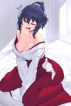 /\/\/\ 1girl ;o bangs bare_shoulders bed_sheet between_legs blue_eyes blue_hair breasts cleavage collarbone day eyebrows_visible_through_hair eyelashes hair_between_eyes hair_ornament hair_scrunchie hakama half-closed_eyes hand_between_legs highres indoors japanese_clothes jjune large_breasts long_sleeves looking_at_viewer miko off_shoulder on_bed one_eye_closed original ponytail red_hakama scrunchie short_ponytail sidelocks sitting sitting_on_bed sleepy sleeves_past_wrists solo tears wide_sleeves yawning 