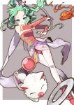  1girl blue_eyes detached_sleeves final_fantasy final_fantasy_vi fire green_hair hair_ornament holding holding_sword holding_weapon io_naomichi leotard mog moogle pantyhose ponytail pose sarong scarf simple_background strapless strapless_leotard sword tina_branford weapon 