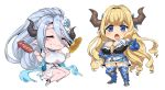  10s 2girls bare_shoulders blonde_hair blue_eyes blush breasts chibi cleavage closed_eyes dress food granblue_fantasy horns izmir jumping long_hair multiple_girls obui open_mouth pointy_ears razia silver_hair smile standing very_long_hair 