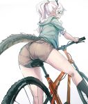  1girl ass bangs bicycle black_legwear dragon_girl dragon_horns dragon_tail ground_vehicle horns kneehighs kneepits long_hair looking_at_viewer looking_back noconol open_mouth original pantylines ponytail sidelocks simple_background smile solo tail thighs wavy_hair wedgie white_background white_hair yellow_eyes 