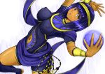  1girl commentary commentary_request crystal_ball erect_nipples hagoromo highres impossible_clothes menat navel over-kneehighs purple_hair ryoushun shawl street_fighter street_fighter_v thigh-highs yellow_eyes 