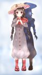  1girl absurdres ajirogasa black_hair braid buttons capelet clothes_writing dress grey_dress hands_together hat highres long_hair red_eyes red_legwear ribbon sandals smile snow solo stick_jitb touhou twin_braids yatadera_narumi 