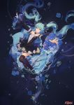  1girl aqua_eyes aqua_hair atdan black_dress black_legwear blue_rose breasts detached_sleeves dress flower hatsune_miku long_hair outstretched_arms rose smile solo thigh-highs twintails underwater very_long_hair vocaloid 
