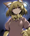  &gt;:) 1girl animal_ears blonde_hair bow bowtie brown_eyes extra_ears fennec_(kemono_friends) fox_ears full_moon gloves hair_between_eyes hand_on_hip kemono_friends looking_at_viewer moon night night_sky short_hair short_sleeves sky solo sweater tree tsukasawa_takamatsu upper_body 