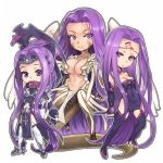  3girls boots braid breasts buckle claws cleavage collar facial_mark fate/grand_order fate_(series) forehead_mark gorgon_(fate) hijiri hood large_breasts long_hair looking_at_viewer medusa_(lancer)_(fate) monster_girl multiple_girls navel navel_cutout pelvic_curtain purple_hair rider scales small_breasts smile snake_tail thigh-highs thigh_boots very_long_hair violet_eyes weapon 