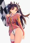 1girl bangs between_legs black_hair checkered checkered_flag commentary_request cowboy_shot crown earrings eyebrows_visible_through_hair fate/grand_order fate_(series) frilled_legwear fur_trim hair_ribbon hand_up highleg highleg_swimsuit highres holding_flag hood hoodie hoop_earrings ishtar_(fate/grand_order) ishtar_(swimsuit_rider)_(fate) jewelry light_smile looking_at_viewer parted_bangs pink_legwear red_eyes revision ribbon single_thighhigh solo swimsuit swimsuit_under_clothes thigh-highs thighs tohsaka_rin two_side_up white_swimsuit yan_(nicknikg) 