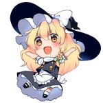  &gt;:d 1girl :d apron arms_up blonde_hair blush braid chibi commentary hat jumping kirisame_marisa long_hair looking_at_viewer mary_janes open_mouth puffy_short_sleeves puffy_sleeves shoes short_sleeves single_braid skirt skirt_set smile socks solo touhou turtleneck vest waist_apron wavy_hair witch_hat yellow_eyes yururi_nano 