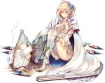  1girl artist_request blonde_hair blue_eyes blush breasts cape covering covering_breasts dress gloves large_breasts neuschwanstein_(oshiro_project) official_art oshiro_project oshiro_project_re sitting torn_clothes transparent_background 