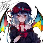  alternate_color bare_shoulders bat_wings black_dress blue_hair blush choker closed_mouth daimaou_ruaeru detached_sleeves dress flower frown hair_between_eyes hat hat_flower looking_at_viewer mob_cap red_eyes red_ribbon red_rose remilia_scarlet ribbon ribbon_choker rose solo touhou upper_body wings wrist_cuffs 