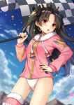 1girl :o black_bow black_hair blue_sky blush bow checkered checkered_flag clouds day earrings fate/grand_order fate_(series) hair_bow hand_on_hip highleg highleg_swimsuit holding_flag hoop_earrings ishtar_(fate/grand_order) jewelry long_hair looking_at_viewer nagisa3710 red_eyes single_thighhigh sky solo swimsuit swimsuit_under_clothes thigh-highs tohsaka_rin two_side_up white_swimsuit 