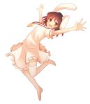  1girl :d \o/ animal_ears arms_up blush brown_hair bunny_tail carrot carrot_necklace commentary_request dress eyebrows_visible_through_hair highres inaba_tewi jewelry jumping leg_up looking_at_viewer necklace open_mouth outstretched_arms outstretched_hand pink_dress pink_legwear rabbit_ears red_eyes shiro_1213 short_hair short_sleeves simple_background smile solo tail thigh-highs touhou white_background 