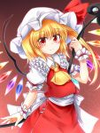 1girl :3 blonde_hair blush cravat flandre_scarlet frilled_sleeves frills gradient gradient_background hat hat_ribbon highres laevatein looking_at_viewer m9kndi mob_cap puffy_short_sleeves puffy_sleeves red_background red_eyes ribbon short_hair short_sleeves side_ponytail simple_background skirt skirt_set smile solo touhou wings wrist_cuffs 