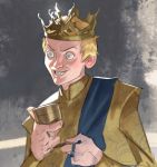  a_song_of_ice_and_fire absurdres blonde_hair blue_eyes crazy_eyes crazy_smile crown cup game_of_thrones highres joffrey_baratheon ramonn90 short_hair 
