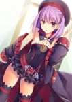  1girl bare_shoulders belt black_legwear blush commentary_request curtains detached_sleeves dutch_angle fate/grand_order fate_(series) flat_chest hat helena_blavatsky_(fate/grand_order) jacket looking_at_viewer purple_hair short_hair solo strapless thigh-highs tobade_(tbdfactory) tree_of_life violet_eyes 