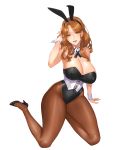  1girl animal_ears breasts brown_eyes brown_hair bunnysuit daglasses erect_nipples high_heels highres large_breasts original pantyhose rabbit_ears smile solo thick_thighs thighs white_background wide_hips 