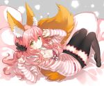  10s 1girl animal_ears black_legwear blush bra breasts cleavage fate/extra fate_(series) fox_ears fox_tail jewelry large_breasts looking_at_viewer lying necklace open_clothes open_shirt pink_bra pink_hair shiosoda shirt solo tail tamamo_(fate)_(all) tamamo_no_mae_(fate) thigh-highs underwear yellow_eyes 