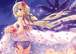  1girl :d ahoge ass bangs bikini blonde_hair blue_eyes bouquet braid breasts clouds cloudy_sky cowboy_shot evening eyebrows_visible_through_hair fate/apocrypha fate/grand_order fate_(series) flower from_behind hair_flower hair_ornament hair_ribbon head_tilt headpiece hibiscus holding holding_bouquet lace_trim long_hair looking_at_viewer looking_back medium_breasts neck_ribbon open_mouth outdoors palm_tree petals ponytail purple_bikini purple_ribbon ribbon ruler_(fate/apocrypha) shawl side-tie_bikini sky smile solo swimsuit teeth tree very_long_hair violet_eyes wind yashiro_seika 