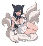  1girl :p absurdres ahri animal_ears bangs bare_legs barefoot black_hair breasts cleavage cleavage_cutout cosplay covered_navel dress dungeon_ni_deai_wo_motomeru_no_wa_machigatteiru_darou_ka finger_to_mouth fox_ears fox_tail gloves gluteal_fold hestia_(danmachi) hestia_(danmachi)_(cosplay) highres large_breasts league_of_legends looking_at_viewer multiple_tails orange_eyes pinky_out rei_no_himo short_dress simple_background sitting solo sungwon swept_bangs tail thigh_gap tongue tongue_out white_background white_dress white_gloves yokozuwari 