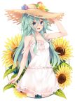  1girl :d bare_shoulders blue_eyes blush dress eyebrows_visible_through_hair flower green_hair hair_ornament hairclip hat highres kantai_collection long_hair looking_at_viewer nahaki open_mouth simple_background smile solo straw_hat sunflower white_background white_dress yamakaze_(kantai_collection) 