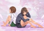  2girls absurdres back-to-back backlighting bare_legs barefoot black_skirt brown_eyes brown_hair cherry_blossoms closed_mouth crossed_ankles eyebrows_visible_through_hair feet full_body girls_und_panzer green_skirt grey_shirt hand_on_own_head hands_clasped highres kabotya_to_rantan knees_up kuromorimine_school_uniform long_sleeves looking_at_viewer looking_to_the_side multiple_girls nishizumi_maho nishizumi_miho own_hands_together petals pleated_skirt profile sailor_collar school_uniform serafuku shirt short_hair siblings side_glance sisters skirt smile toes tree white_sailor_collar 
