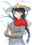  1girl ajirogasa black_hair black_hat braid buttons capelet clothes_writing dress earlobes grey_dress hands_clasped hat highres long_hair red_eyes ribbon smile snow solo touhou tree twin_braids ucukrtz yatadera_narumi 