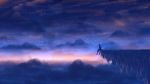  1girl ahoge braid cliff clouds cloudy_sky commentary_request horizon landscape long_hair night night_sky original sakimori_(hououbds) scenery sitting sky solo star_(sky) starry_sky sunrise 