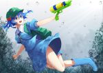  1girl :d air_bubble backpack bag blue_boots blue_eyes blue_hair blue_shirt blue_skirt boots breasts bubble full_body furapechi hair_between_eyes hair_bobbles hair_ornament kawashiro_nitori key looking_away medium_breasts open_mouth rubber_boots shirt short_hair skirt skirt_set smile solo touhou two_side_up underwater water_gun 