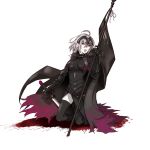  1girl ahoge armor armored_dress black_legwear blood blood_splatter breasts cape chains faulds flag full_body fur_trim gauntlets georugu13 headpiece highres holding holding_sword holding_weapon jeanne_alter kneeling looking_at_viewer medium_breasts ruler_(fate/apocrypha) short_hair silver_hair solo sword thigh-highs weapon yellow_eyes 