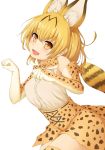  1girl :d animal_ears bangs bare_shoulders blonde_hair blush bow bowtie cross-laced_clothes elbow_gloves fur_collar gloves high-waist_skirt highres kemono_friends looking_at_viewer open_mouth orange_eyes papino paw_pose serval_(kemono_friends) serval_ears serval_print serval_tail shirt skirt sleeveless sleeveless_shirt smile solo striped_tail tail taut_clothes taut_shirt thigh-highs white_background zettai_ryouiki 