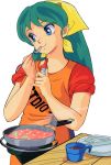  1girl apron blue_eyes bottle clothes_writing cooking cup eyeshadow green_hair holding holding_bottle holding_spoon horns long_hair lum makeup oni sleeves_rolled_up smile solo spatula steam stove table urusei_yatsura 